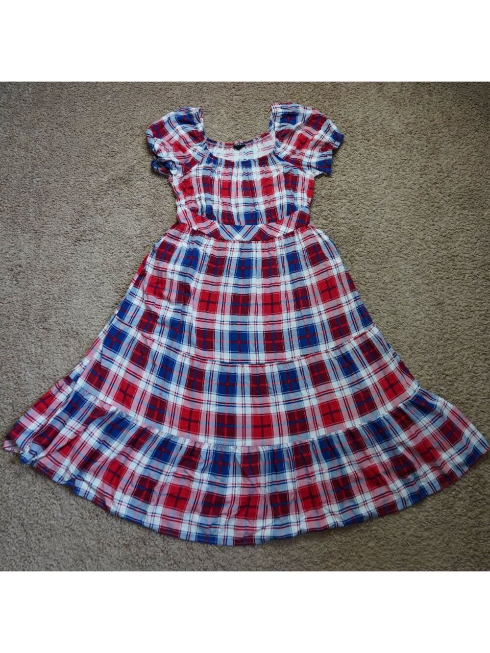 Torrid Tiered Midi Dress Womens Size 1 Plaid Puff Sleeve Cottagecore Peasant